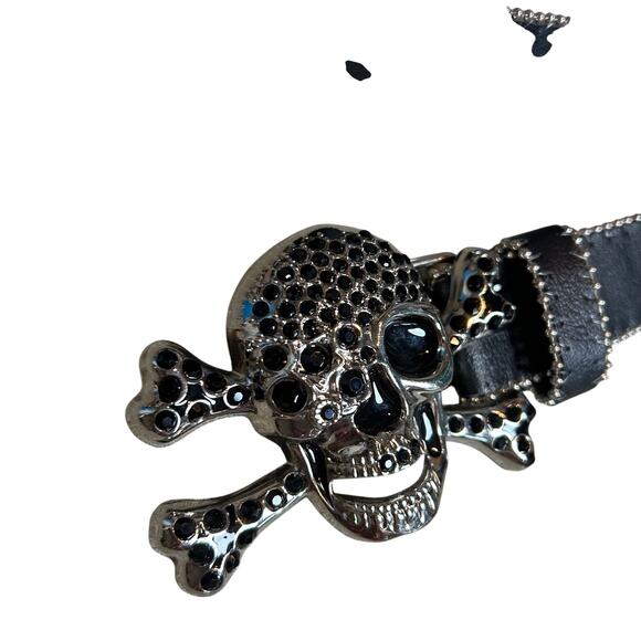 Pirate Belt Silver Rhinestone Skull Black Leather Glam Rock Goth Y2K Punk Grunge main image 4